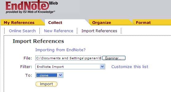 ENDNOTE WEB Collect. Creación n de la base de datos Import references.