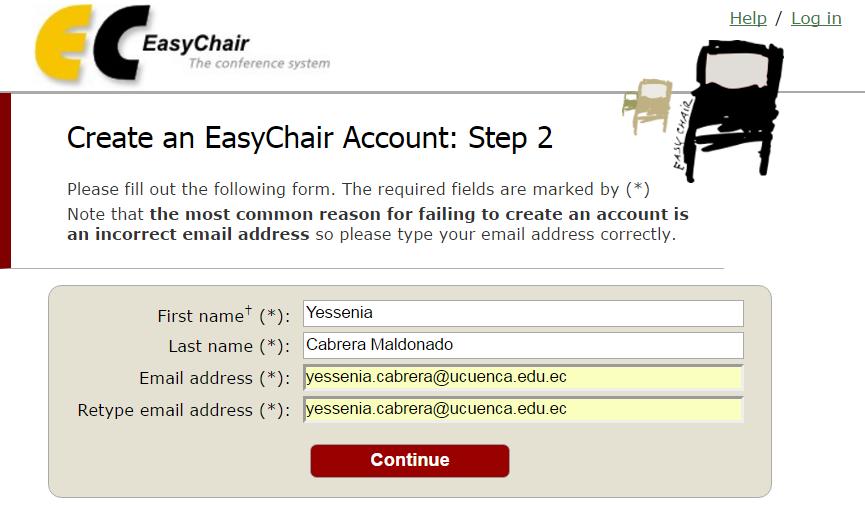 Ingrese su nombre, apellido, correo electrónico (Email address) y haga click en el botón Continue.