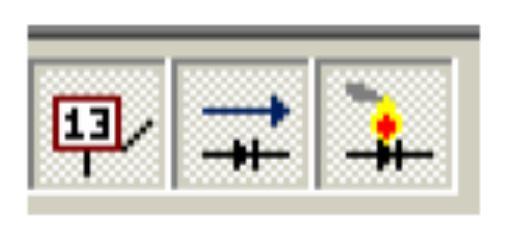 botones de la barra de herramientas identificados como, Nodes Voltajes, Currents y Powers respectivamente.