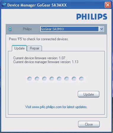 9 Actualización través de Philips Device Manager» Cuando el dispositivo está conectado, se muestra "SA4MINXX" en el cuadro de texto.» actual del dispositivo.