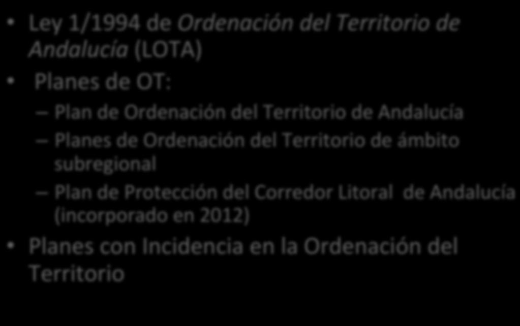 LA ORDENACIÓN DEL TERRITORIO EN ANDALUCÍA Ley 1/1994 de Ordenación del Territorio de Andalucía (LOTA) Planes de OT: Plan de Ordenación del Territorio de Andalucía Planes de