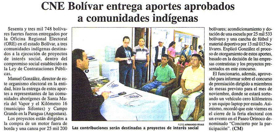 CNE Bolívar entrega aportes aprobados a comunidades