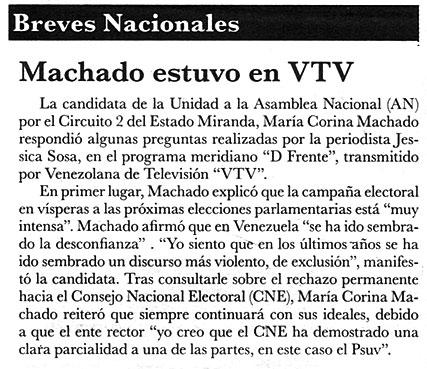 Breves Nacionales / Machado estuvo en VTV