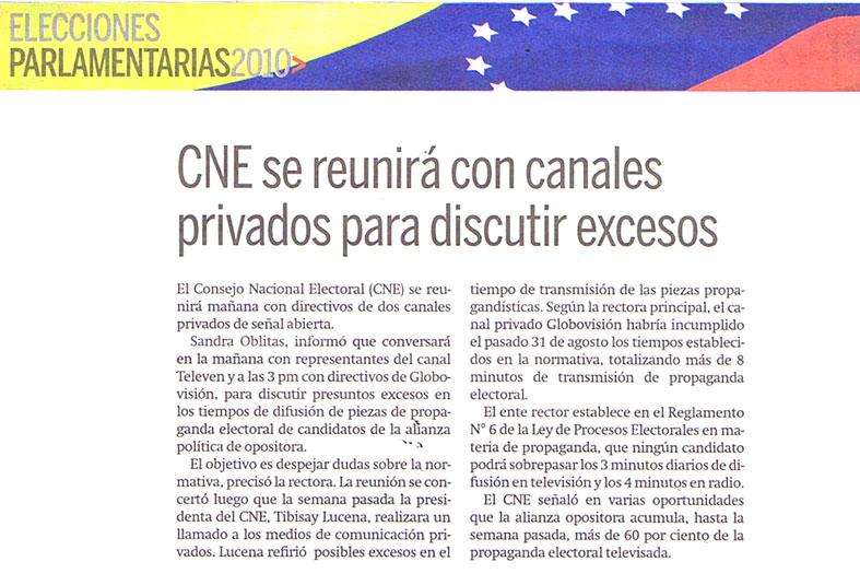 Elecciones Parlamentarias 2010/ CNE se reunirá con canales privados