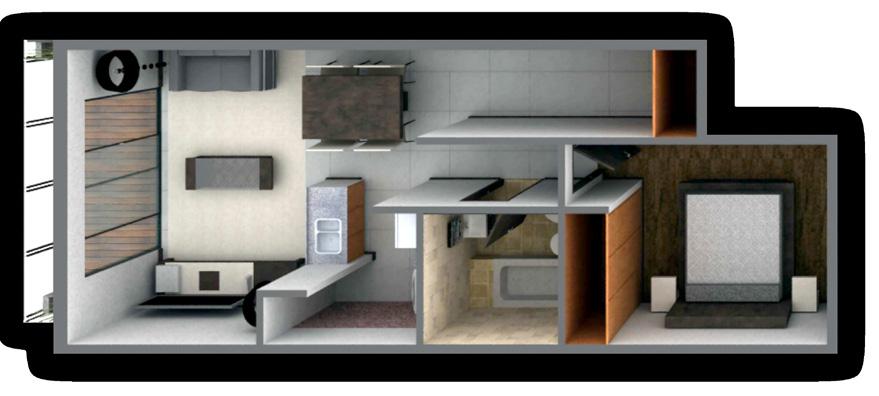 Unidad de 2 ambientes al frente Unidades de vivienda de 49 m 2 totales.