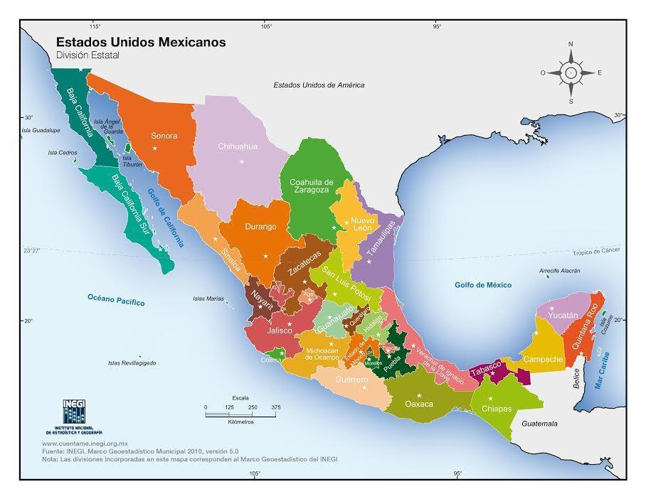 División Política de los Estados Unidos Mexicanos. Fuente: Instituto Nacional de Estadística y Geografía (INEGI).