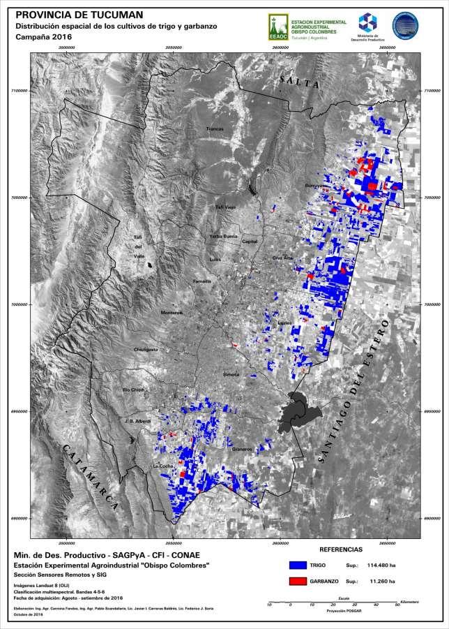 Figura 3: Distribución espacial de la superficie cultivada con trigo y garbanzo en Tucumán.