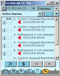 Primer arranque del controlador Comprobar alarmas. Ir a vista general Pulse el botón azul, con el compresor y el condensador, situado en la parte inferior izquierda de la pantalla de vista general. 2.