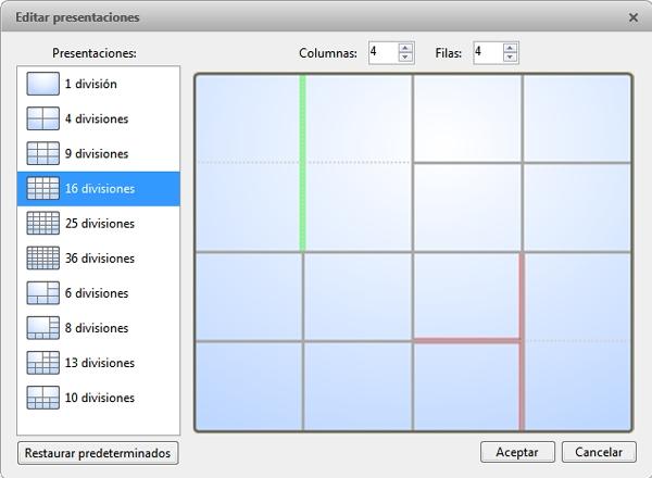 Figura 4: Cuadro de diálogo Editar presentaciones Para crear un panel de imágenes más grande, seleccione una línea gris para eliminar el borde entre los dos paneles de imágenes.