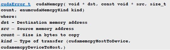 cudamemcpy() Función que copia datos entre las memorias: La