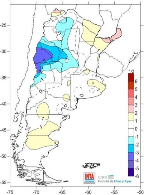 Cuyo y NOA (sur) donde se observaron valores más fríos hacia mediados del mes, siendo la segunda década notoriamente más fría sobre Cuyo
