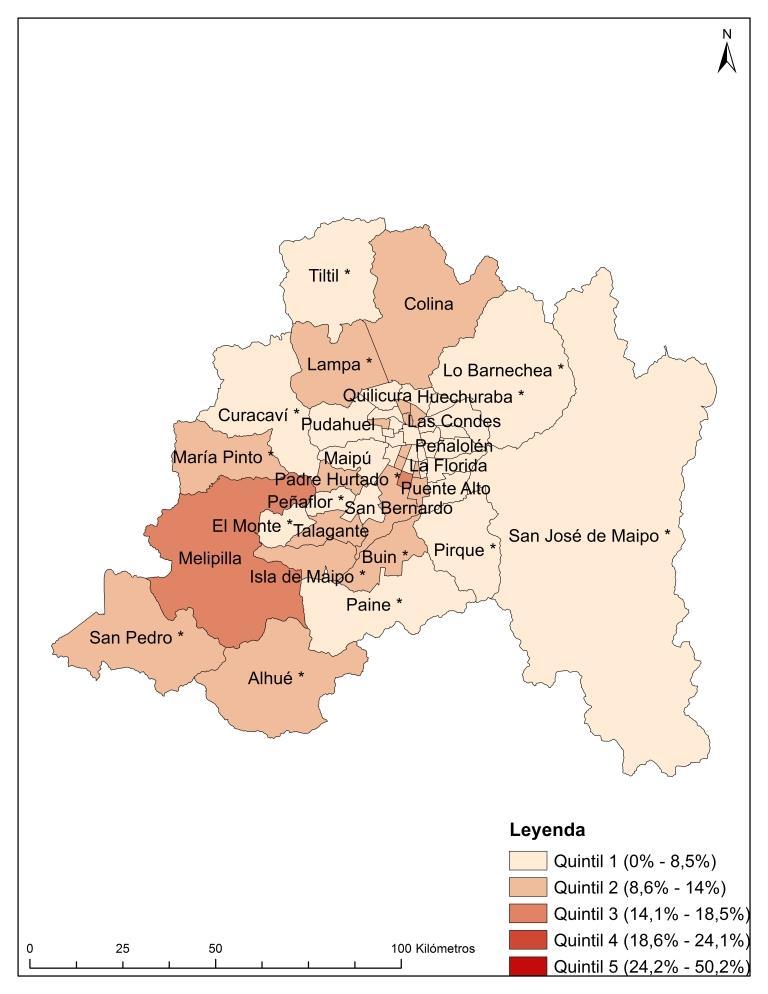 Porcentaje de población en situación de Pobreza por Ingresos en comunas de la Región Metropolitana (2015) Metodología aplicada en las estimaciones de Tasa de Pobreza por Ingresos y Multidimensional