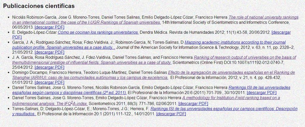 Portal web Publicaciones científicas derivadas del ranking Publicaciones
