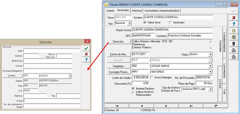Pestaña Generales sub pestaña CFD/CE Es necesario indicar los archivos que el sistema utilizará para la generación de la Addenda así como la configuración de los parámetros correspondientes.