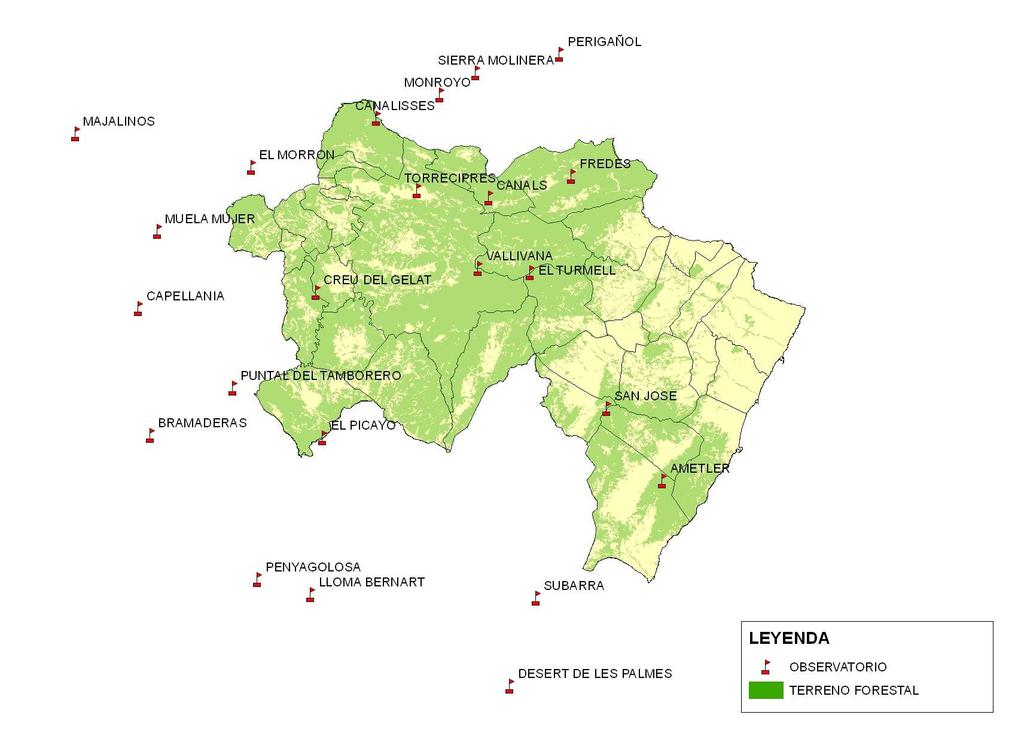 Los observatorios de la Comunitat Valenciana que más superficie forestal divisan son El Turmell, Vallivana, Creu del Gelat y San Jose con un 14,84%, 10,48%, 9,38% y 7,15% de la superficie forestal de