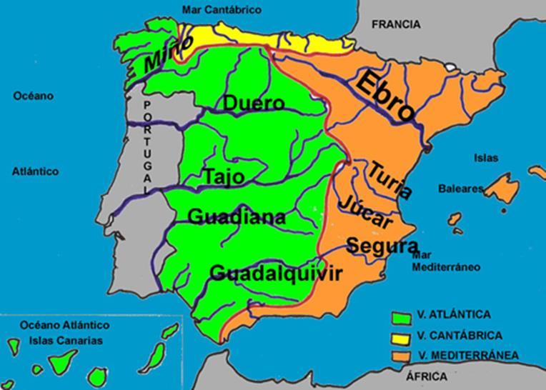 Los ríos de España CUENCAS Y VERTIENTES HIDROGRÁFICAS Cuenca hidrográfica: zona de tierra por donde fluye (pasa) un río y sus afluentes (pequeños ríos que acaban en él)