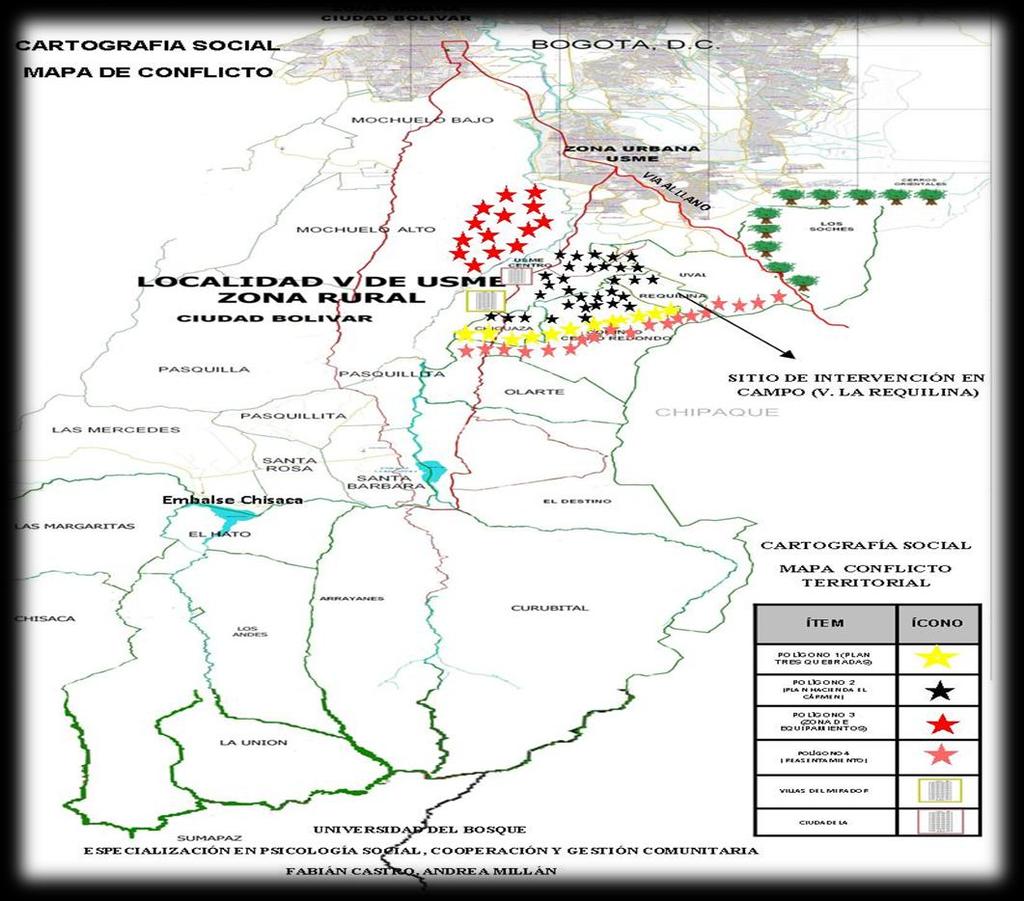 Por último el tercer mapa de conflicto territorial dado por la implementación de cuatro planes parciales para la ejecución del proyecto urbanístico Nuevo Usme contemplado en el proceso de la