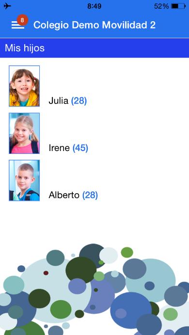 2.3. Vista del familiar Cuando el usuario que accede a la aplicación es un familiar lo primero que visualizará en pantalla es el apartado Mis hijos, donde se muestra una foto de cada uno de sus hijos