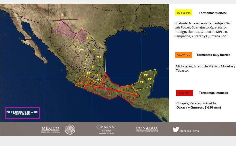 Intervalos de chubascos con tormentas puntuales fuertes (25 a 50 mm): Coahuila, Nuevo León, Tamaulipas, San Luis Potosí, Guanajuato, Querétaro, Hidalgo, Tlaxcala, Ciudad de México, Campeche, Yucatán