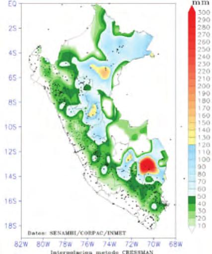 ª década al de abril, Mapa Nº Precipitación acumulada semanal Entre el 4 y de abril Sierra Sur: Se aprecia un notable incremento de las lluvias a lo largo de toda la cordillera, cuyas mayores