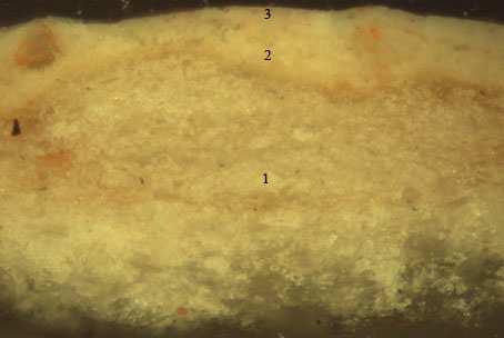 Figura III.2.2. Microfotografía obtenida al microscopio óptico con luz reflejada. Muestra: E55Q1 Aumentos: 200X Descripción: Carnación, dedo índice de la mano derecha del niño Jesús.