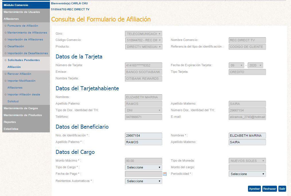Al dar click en Ver Solicitud en cualquier registro del reporte, se presenta la pantalla Consulta del Formulario Afiliación, donde podrás visualizar los datos