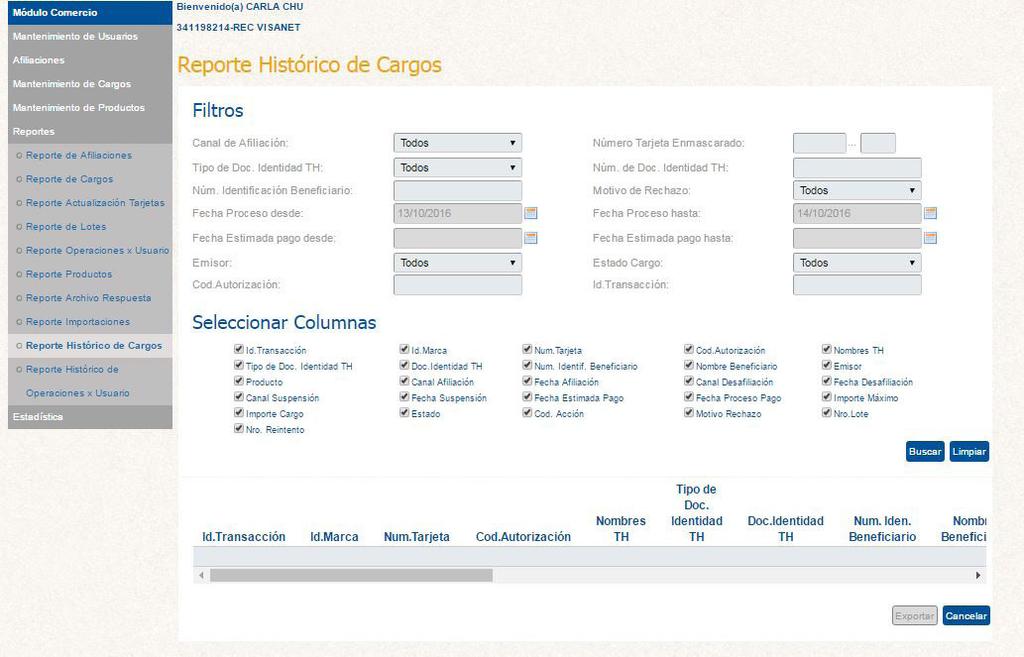 Reporte Histórico de Cargos En esta opción podrás ver el histórico de cargos.