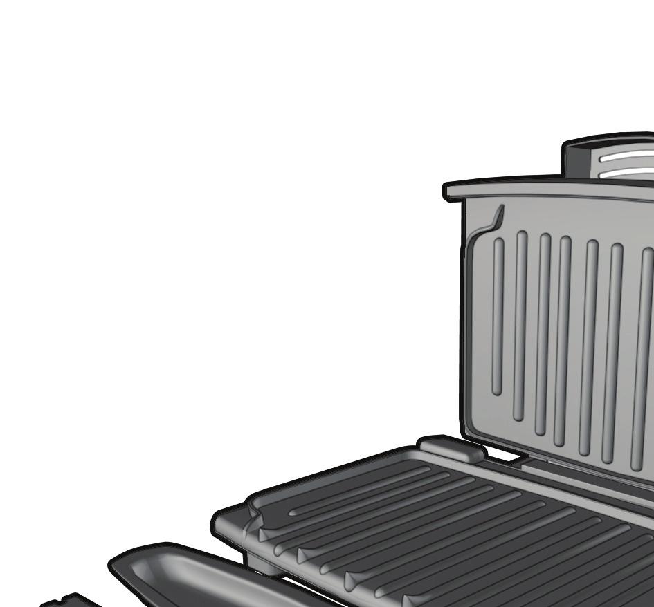 Product may vary slightly from what is illustrated. A 6 1. Grill cover (lid) 5 2. Grill plate (upper) 3. Grill plate (lower) 4. ON/OFF switch (not shown) 5. Drip tray (Part # GR180V-01) 6.