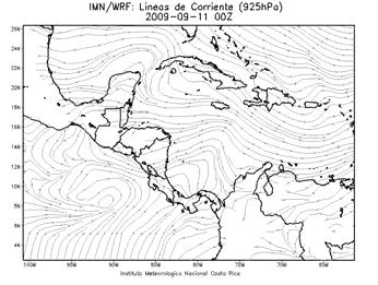 Antonio de Belén, Heredia 31.5 C, en Alajuela 29.5 C y Liberia, 34.1 C. B B Fig 1. Líneas de corriente del modelo numérico del tiempo WRF del 1 de septiembre a las Z (6: pm.