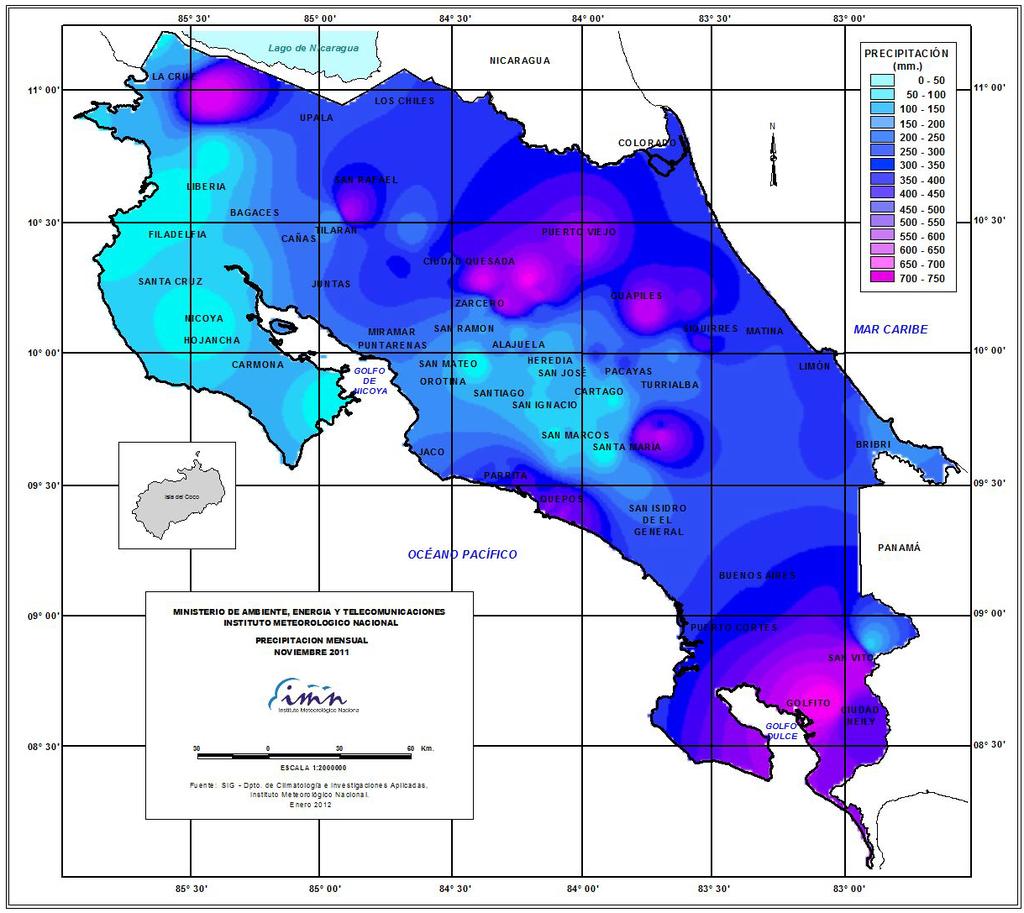 Mapa distribución mensual de la lluvia Boletín Meteorológico Mensual. Noviembre 211 Distribución espacial de las lluvias de noviembre del 211.