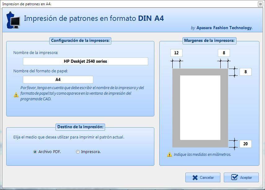 Módulo PDF A4 2) Configuración de los márgenes en milímetros del documento PDF.