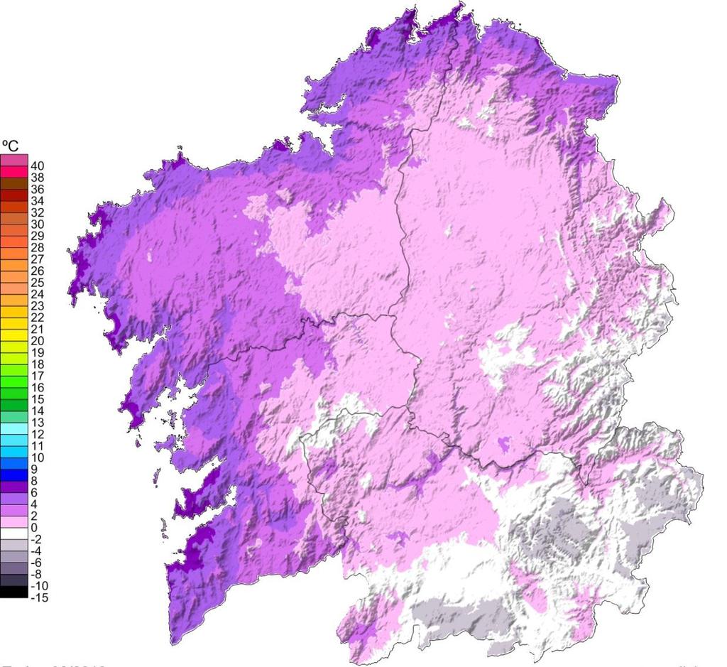 O valor medio das temperaturas máximas no mes de febreiro para Galicia, a partir dos valores do mapa, foi de 9.6 ºC. Os valores máis altos rexistráronse no Baixo Miño, con valores próximos aos 15.