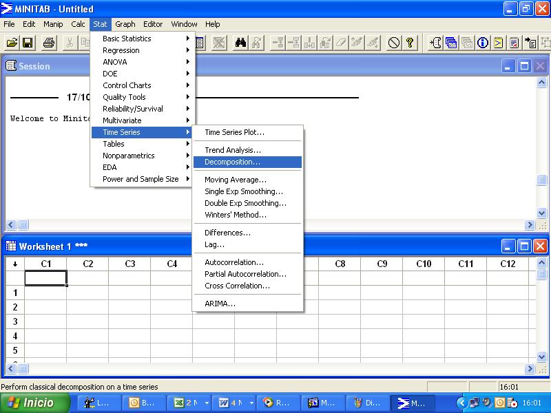 A continuación se presenta la pantalla de la opción Decomposition donde se escoge la variable a analizar, el tipo y componente del modelo.