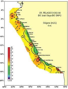 Vásquez, Morón Estudios oceanográficos en verano 2003 Figura 5.- Oxígeno superficial del mar (ml/l) Figura 6.- Topografía de la isoterma 15 C. Salinidad y masas de agua.