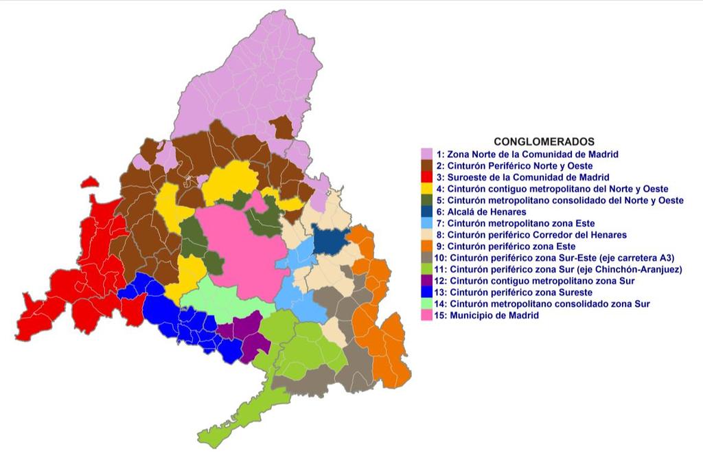 Análisis de los municipios por conglomerados 10 /123 Figura 4 Mapa de conglomerados finales de los municipios de la Comunidad de Madrid según variables sociodemográficas y de empleo.