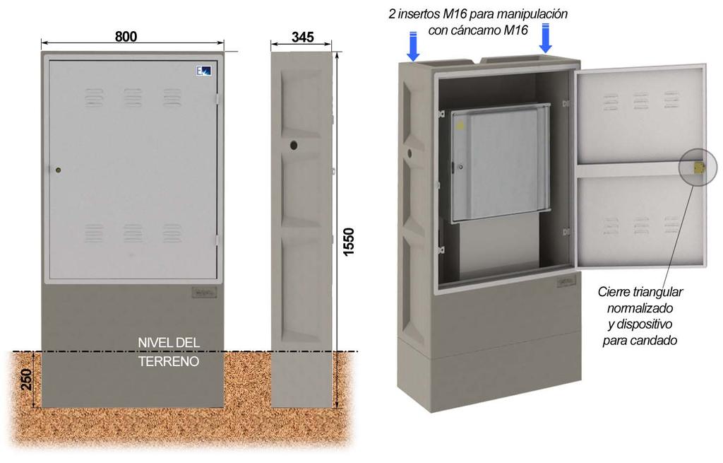9 ARMARIO GRC PARA CDU Armario prefabricado monobloque más peana, con puerta metálica con capacidad para albergar una Caja de Distribución para urbanizaciones (ref.