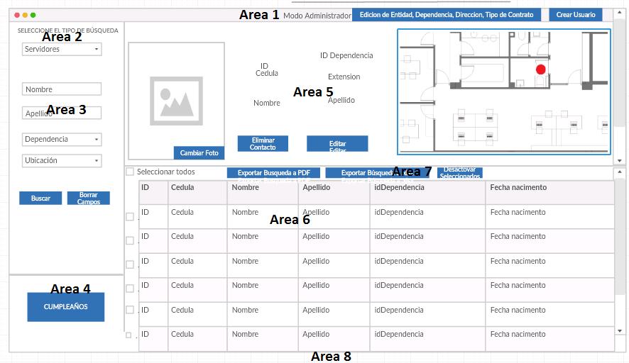 Ilustración 14 División de paneles en ventana de Administrador Entorno de aplicación 1. Entorno web, acceso mediante intranet. Consulta de contactos y Ubicación física de funcionarios de la SDP. 2.