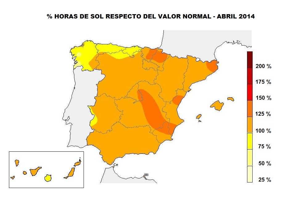 Insolación y otras variables La insolación acumulada quedó por encima de los valores normales del mes en toda España, con excepción de Galicia, Asturias, Cantabria y pequeñas áreas del norte de