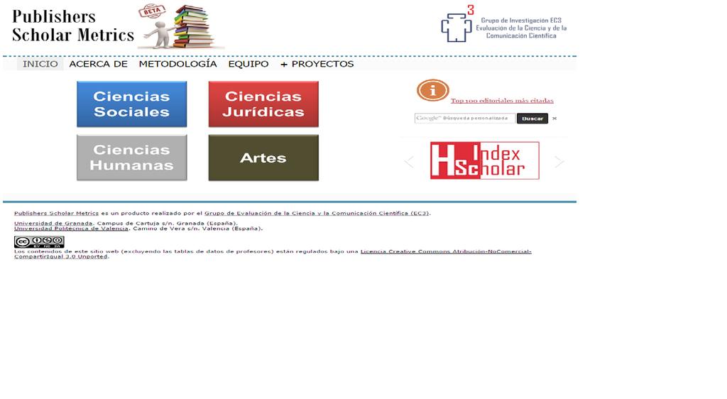 4.- Indicios de calidad de los libros Prestigio editorial Publisher Scholar Metrics Elaborado por el grupo EC3 de Granada.