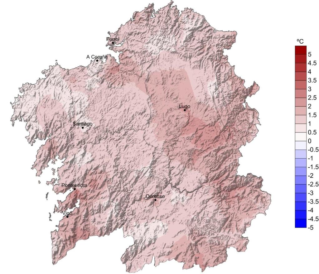5.3. Anomalía de temperatura media con respecto ao período 1981-2010. A anomalía da temperatura media no conxunto de Galicia neste mes de marzo, tendo en conta a media dos valores do mapa, foi 0.