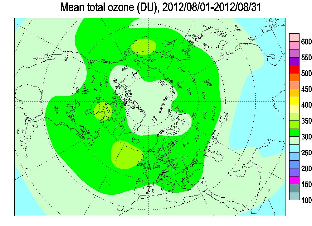 En los siguientes mapas se puede ver la distribución de la capa de Ozono en el Hemisferio Norte durante el mes