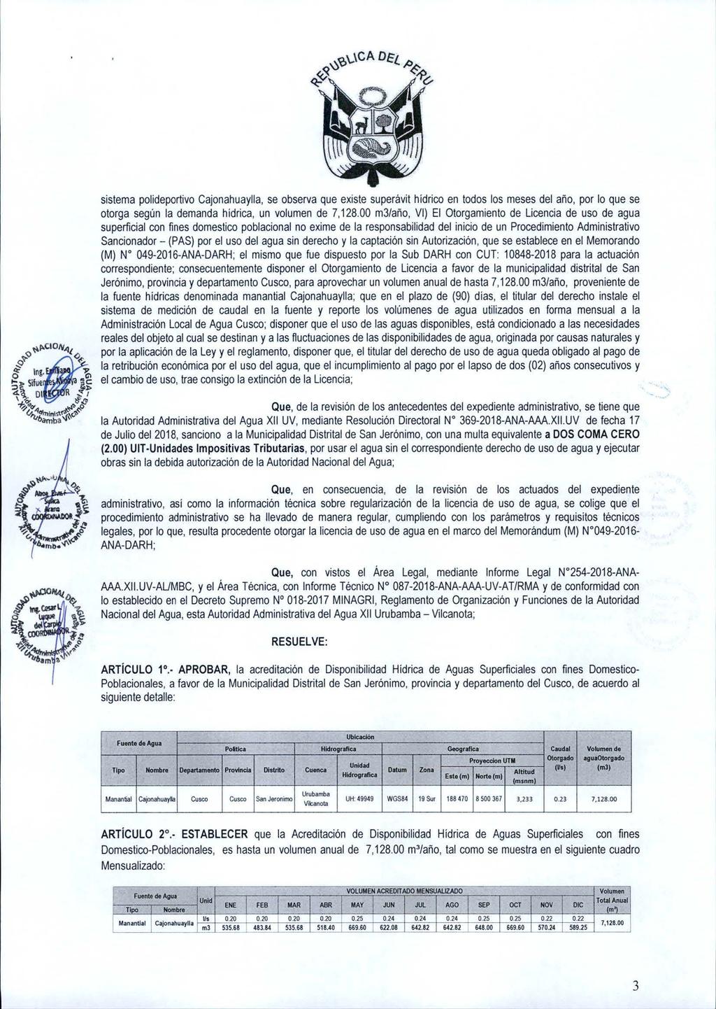 sistema polideportivo Cajonahuaylla, se observa que existe superávit hidrico en todos los meses del año, por lo que se otorga según la demanda hídrica, un volumen de 7,128.