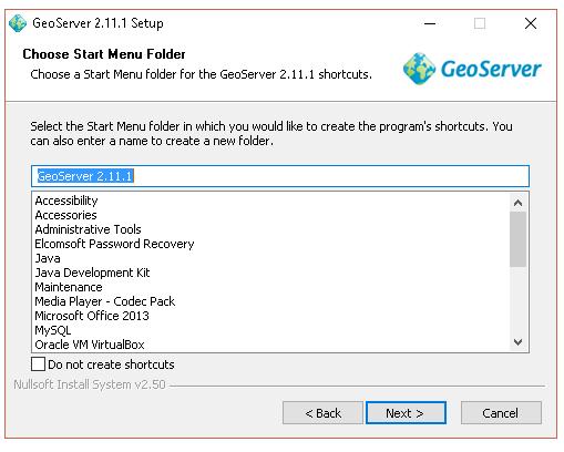 Seleccionamos la opción por defecto GeoServer 2.11.1 y presionamos Next.