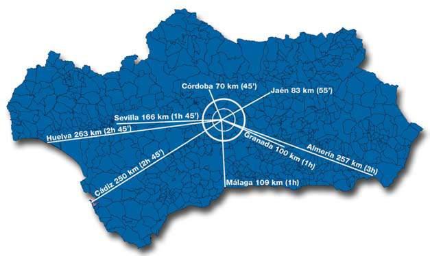 situación estratégica La situación de Cabra en el mismo Centro Geográfico de Andalucía y su conexión a las vías de gran capacidad de la