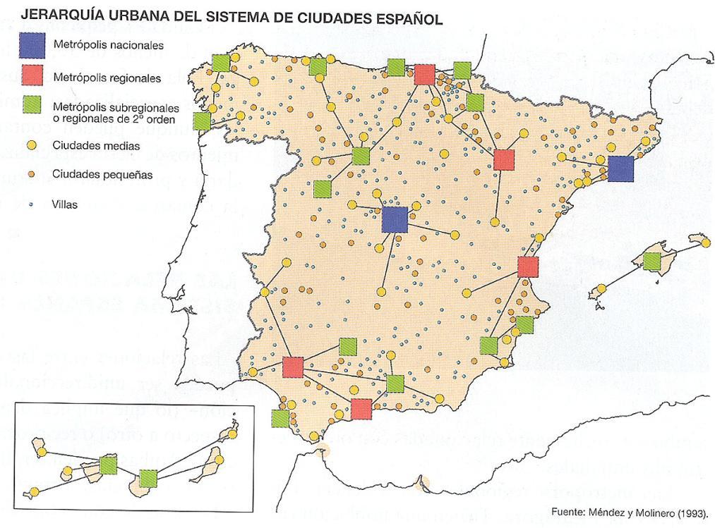 Prácticas Práctica 1 El mapa siguiente muestra el sistema de ciudades en España, en 1991.