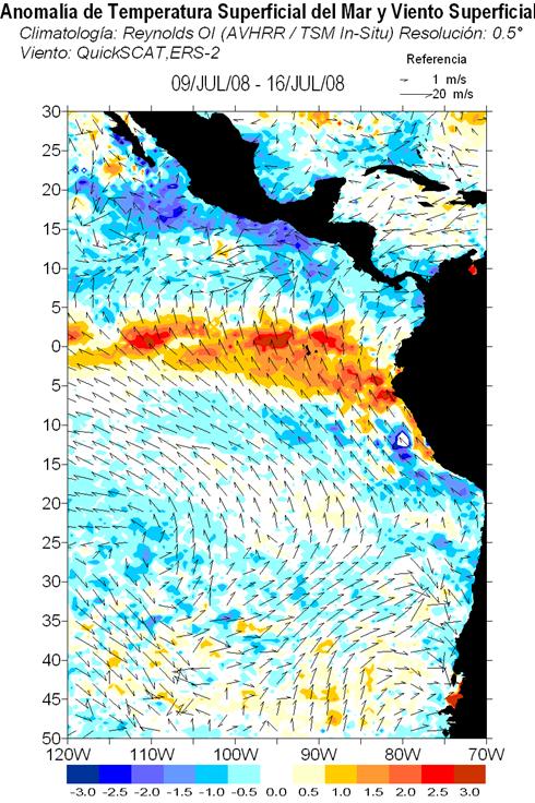 Fig. 1 Anomalías de temperatura superficial del Mar ( C) y el viento superficial (m/s), del 9-16 julio (izquierda), 16-23 de julio
