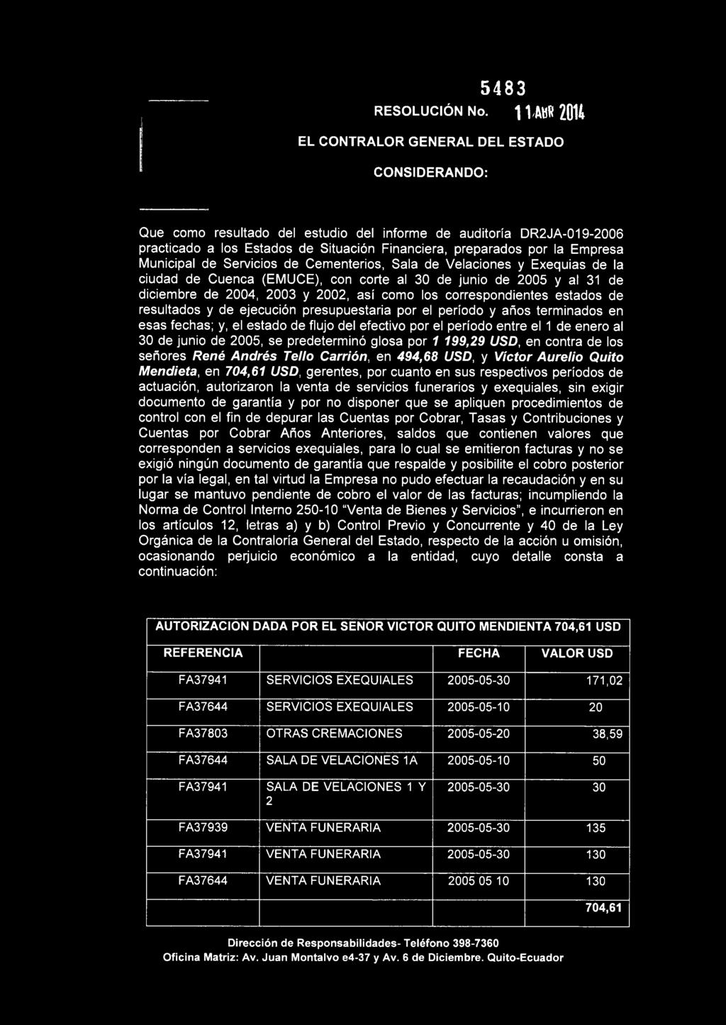 Empresa Municipal de Servicios de Cementerios, Sala de Velaciones y Exequias de la ciudad de Cuenca (EMUCE), con corte al 30 de junio de 2005 y al 31 de diciembre de 2004, 2003 y 2002, así como los