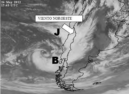 Figura 1: Imagen de Satélite Meteorológico GOES durante la noche del día 26 de Mayo de 2012, se observa que la zona Central y Sur de Chile, está afectada por