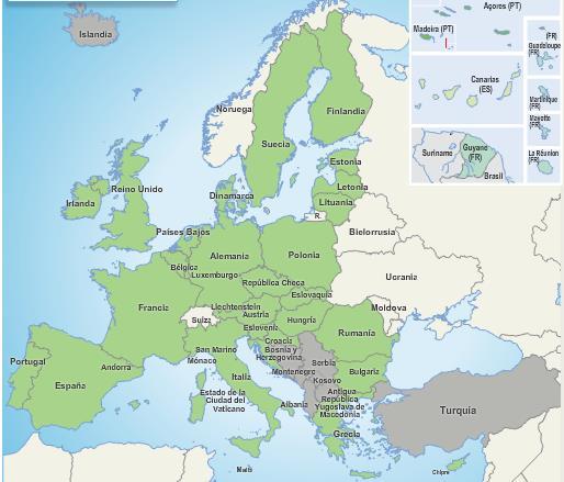 La Unión Europea (UE) La UE (28) está conformada por 28 países: 1. Alemania 2. Austria 3. Bélgica 4. Bulgaria 5. Chipre 6. Dinamarca 7. Eslovaquia 8. Eslovenia 9. España 10.Estonia 11.Finlandia 12.