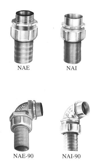 CONECTORES SERIE N. TIPOS NAE-NAI Acoplan tubos metálicos flexibles con cubiertas de PVC. fabricados bajo norma americana. NAE. Flexible a caja. NAI. Flexible a tubo rígido.